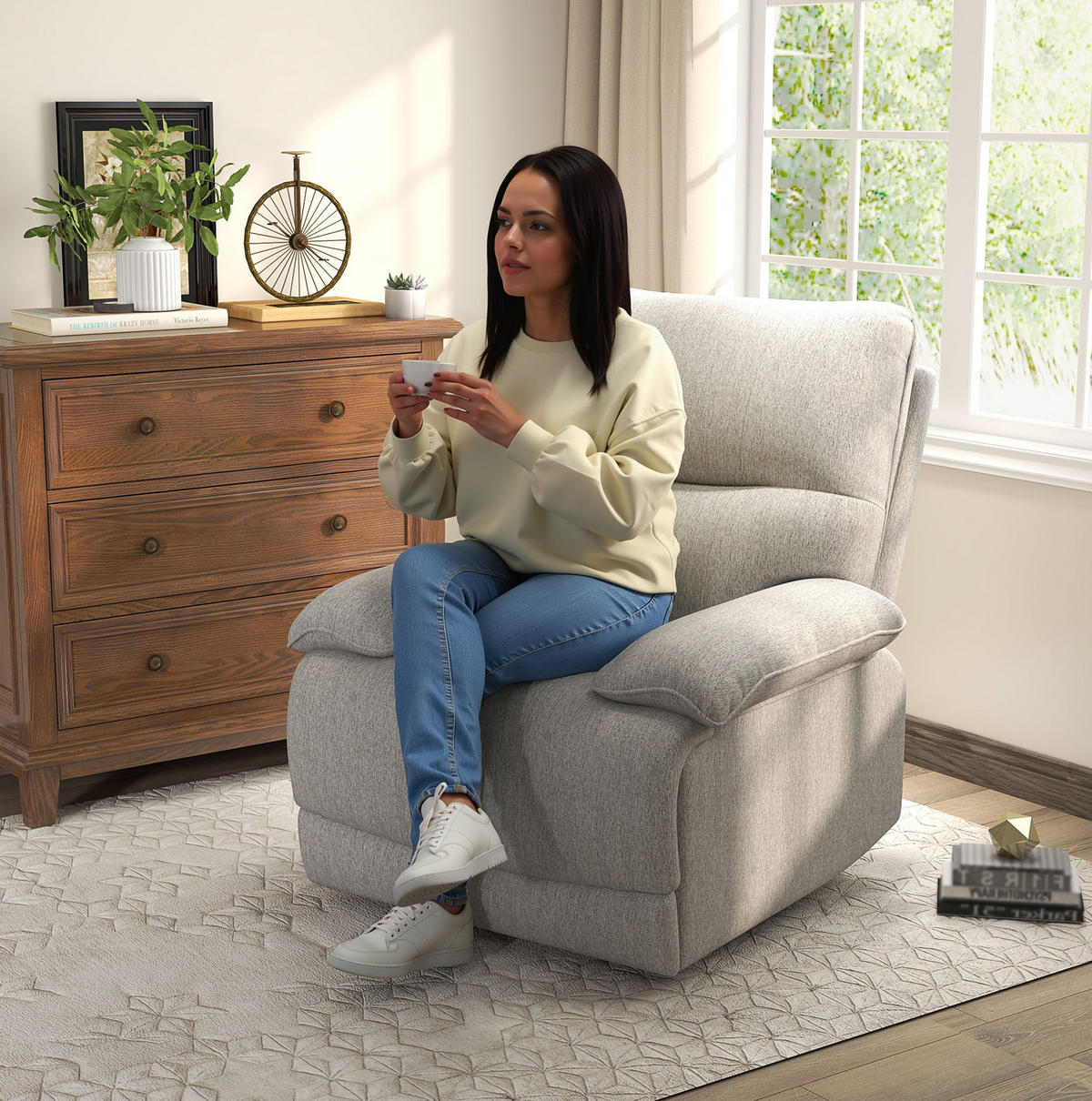 RELAXSESSEL mit Liegefunktion bis 150°, Fußstütze Stoff Leinenoptik 89/98/101 cm Hellgrau - Hellgrau, Textil (98/101/89cm) - Redom