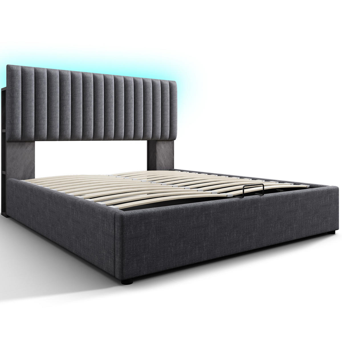 ČALÚNENÁ posteľ z ľanu 160/200 cm sivá s LED čelom, USB a úložným priestorom - sivá, textil (160/200cm) - BEAOK
