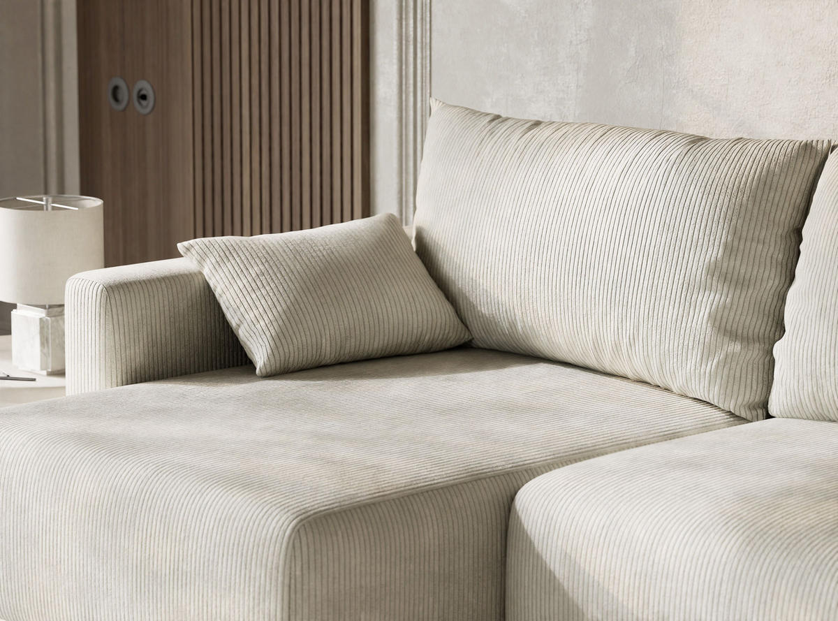 ECKSOFA MIT SCHLAFFUNKTION Leon Creme Samtstoff - Creme/Schwarz, Holz/Holzwerkstoff (148/239cm) - Maison de Reve