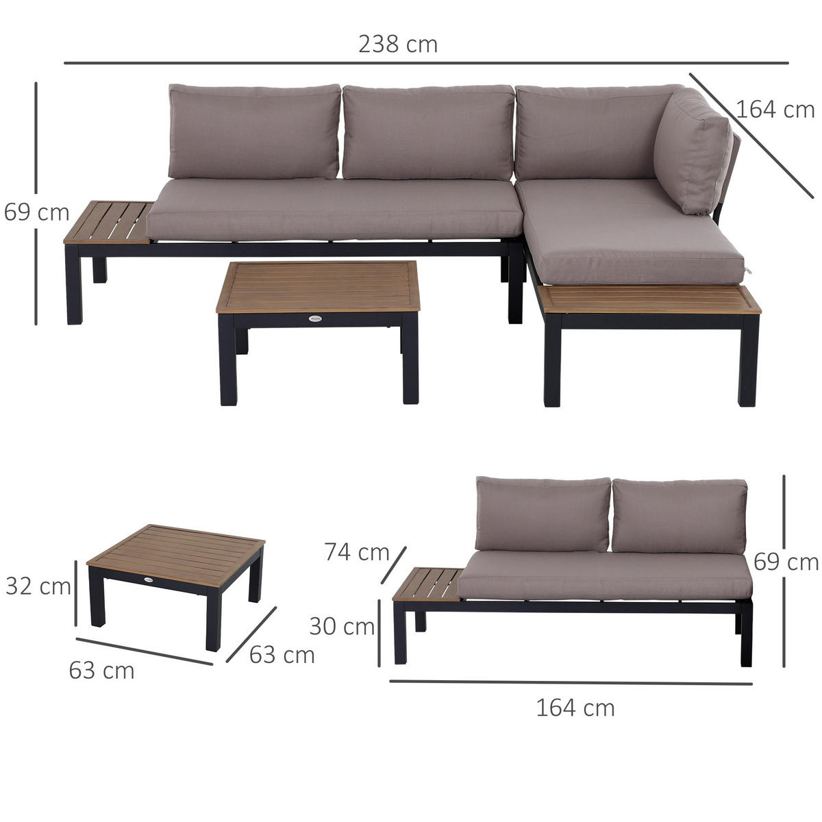 GARTENMÖBEL-SET FÜR 3 PERSONEN DE-06520 Sofa mit Kissen, Beistelltisch Outdoor, Aluminium - Naturfarben/Grau, Textil/Metall - ComfortXL