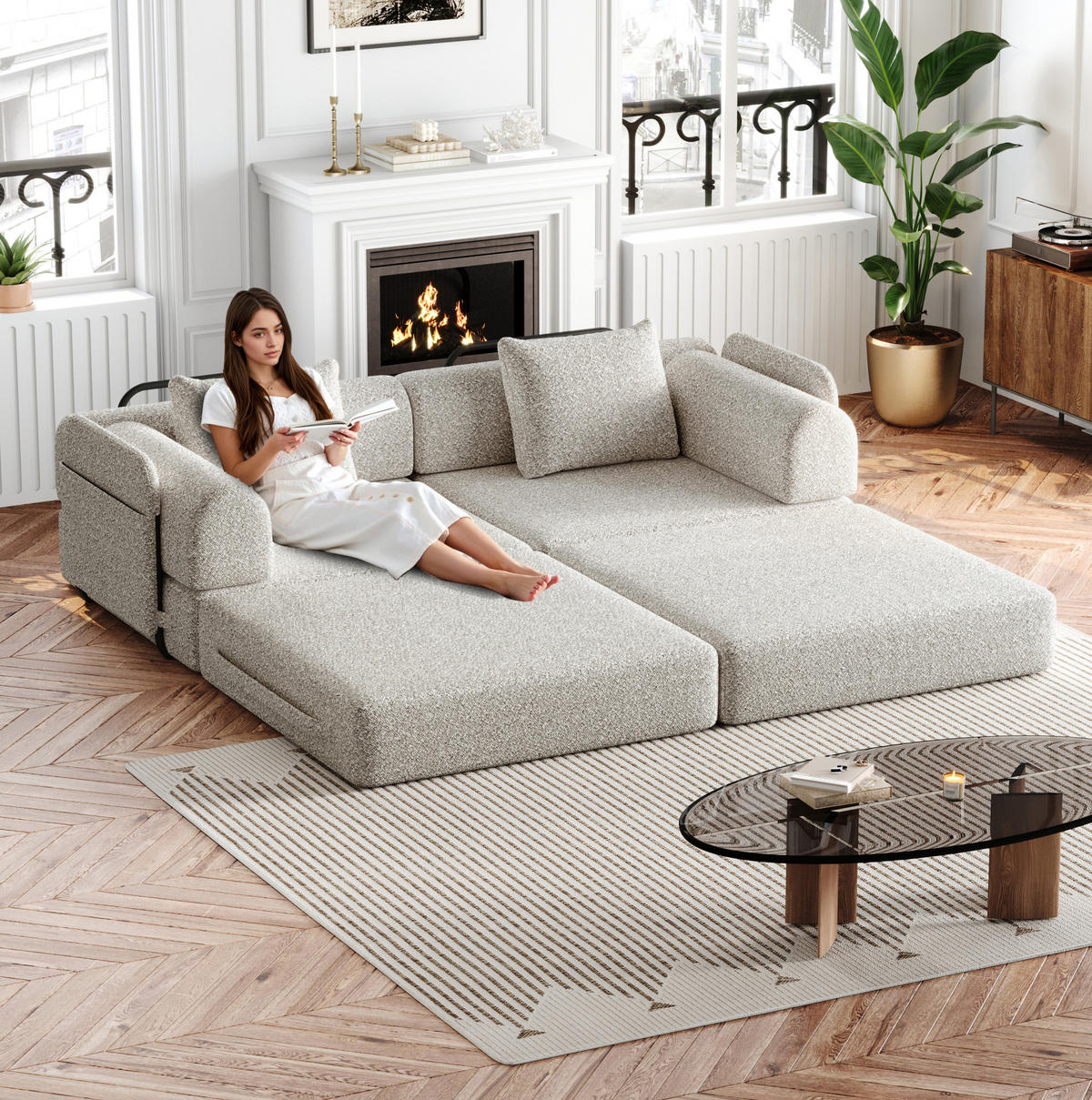 SCHLAFSOFA aus Chenille Khaki 2-in-1 mit Armlehnen-Ablagefach und flexibler Modulnutzung - Naturfarben, Textil (94/49.5/181.6cm) - Modfu