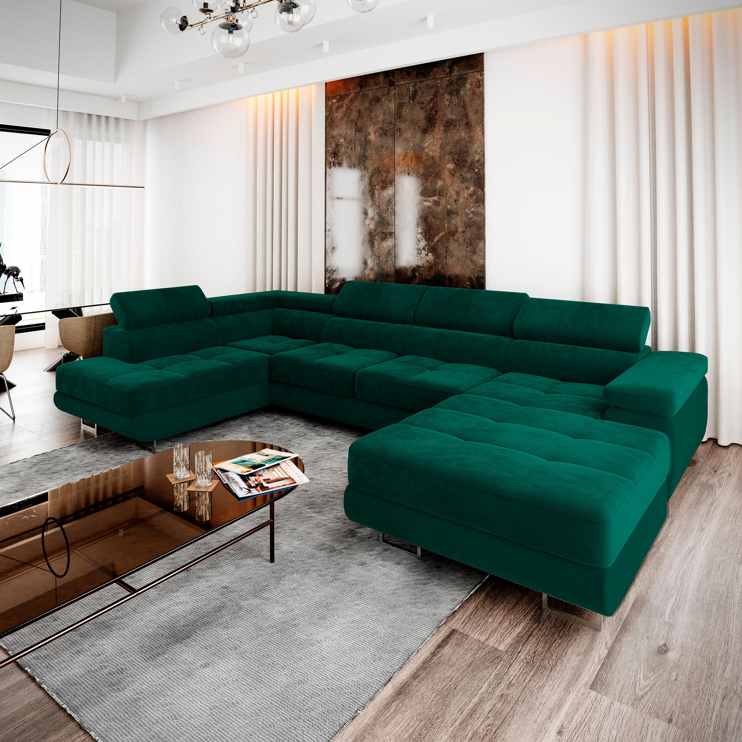 WOHNLANDSCHAFT CASONE L-S Grün Velours-Stoff mit Schlaffunktion - Grün, Holz (345/90/202cm) - MASSENO