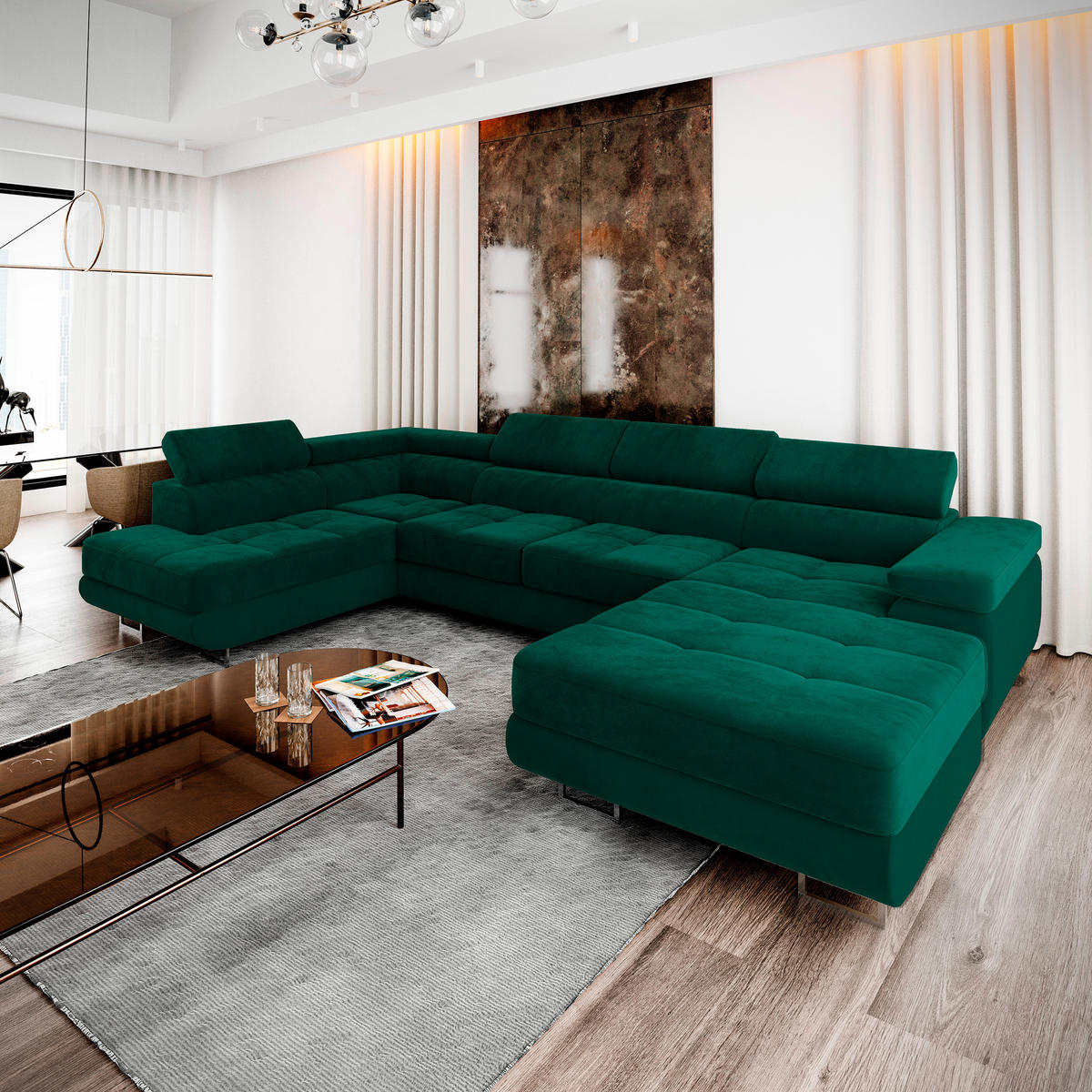 WOHNLANDSCHAFT CASONE L-S Grün Velours-Stoff mit Schlaffunktion - Grün, Holz (345/90/202cm) - MASSENO