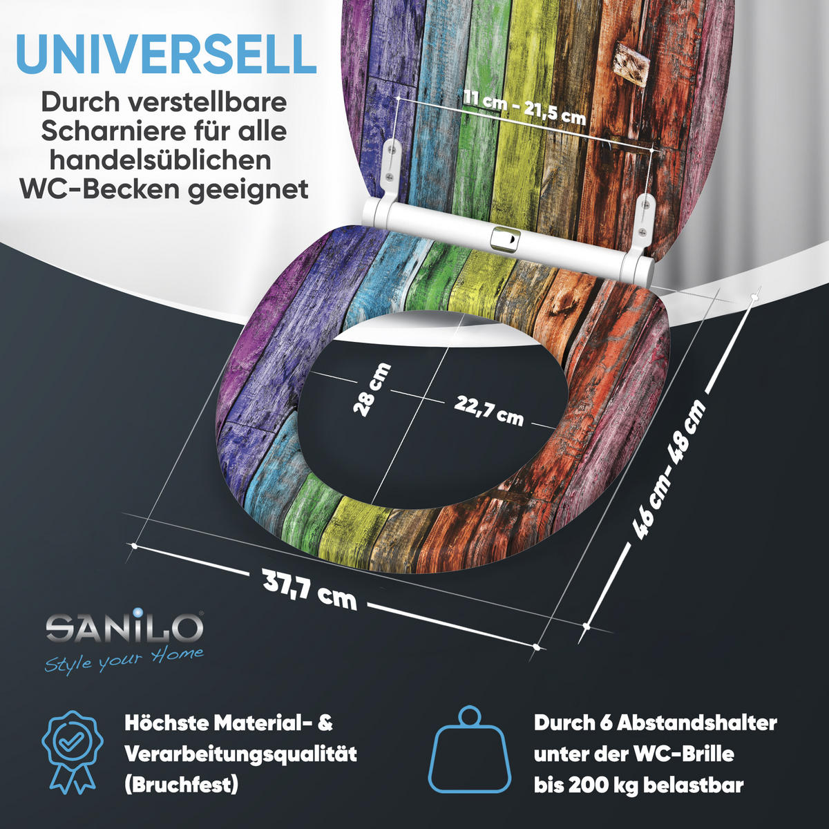 WC-SITZ mit Absenkautomatik & Top Fix Rainbow - Multicolor, Holzwerkstoff (37.7/5.5/48cm) - Sanilo