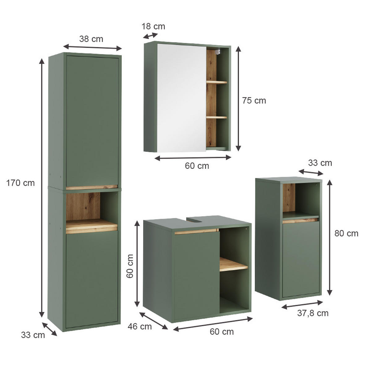 SESTAVA KOUPELNOVÉHO NÁBYTKU Viola Zelená/umělecká - dub artisan/zelená barva, kompozitní dřevo (60/60/45.5cm) - Vicco