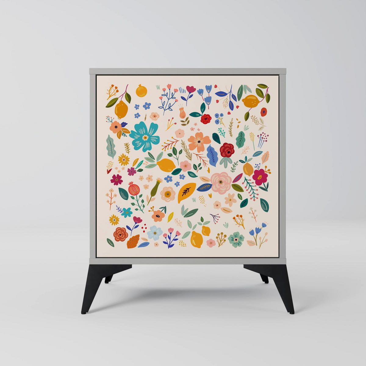 SIDEBOARD FLORAL COMBINATION, Grau, 57,5x42x57,5 cm, Ohne Füße - Multicolor/Grau, Holzwerkstoff (57.5/57.5/42cm) - SpaceRebels