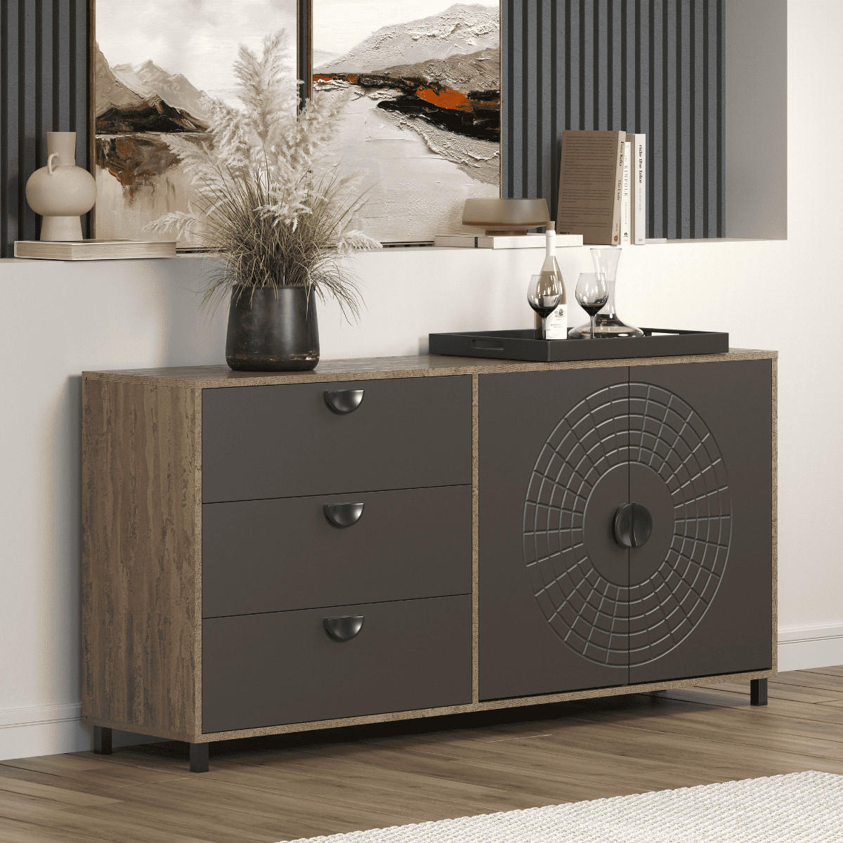 SIDEBOARD mit 2 türen und 3 schubladen - fusion 176/42/86 cm - Eschefarben, Holzwerkstoff (42/86/9cm) - Calicosy