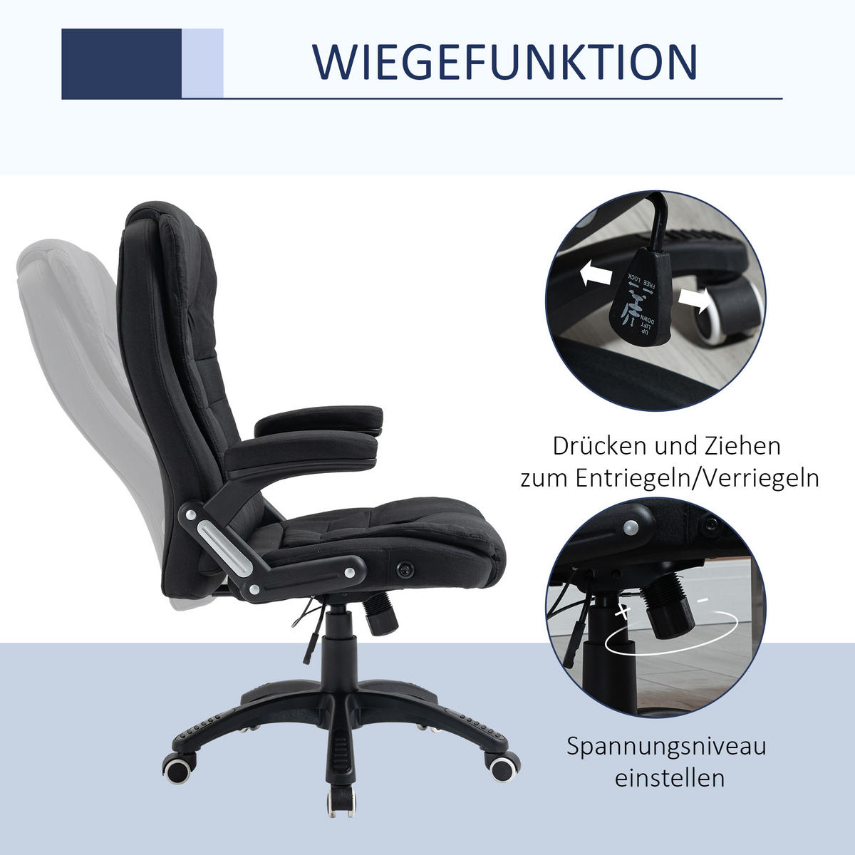 BÜROSTUHL Drehstuhl ergonomisch Schaumstoff Kunststoff leinenartiges Polyester - Schwarz, Kunststoff (72/120/65cm) - Vinsetto