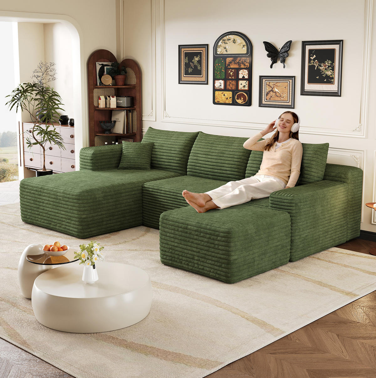 ECKSOFA 241 cm aus Stoff mit Cordbezug und Chaiselongue Grün - Grün, Textil (151/241cm) - Modenvie