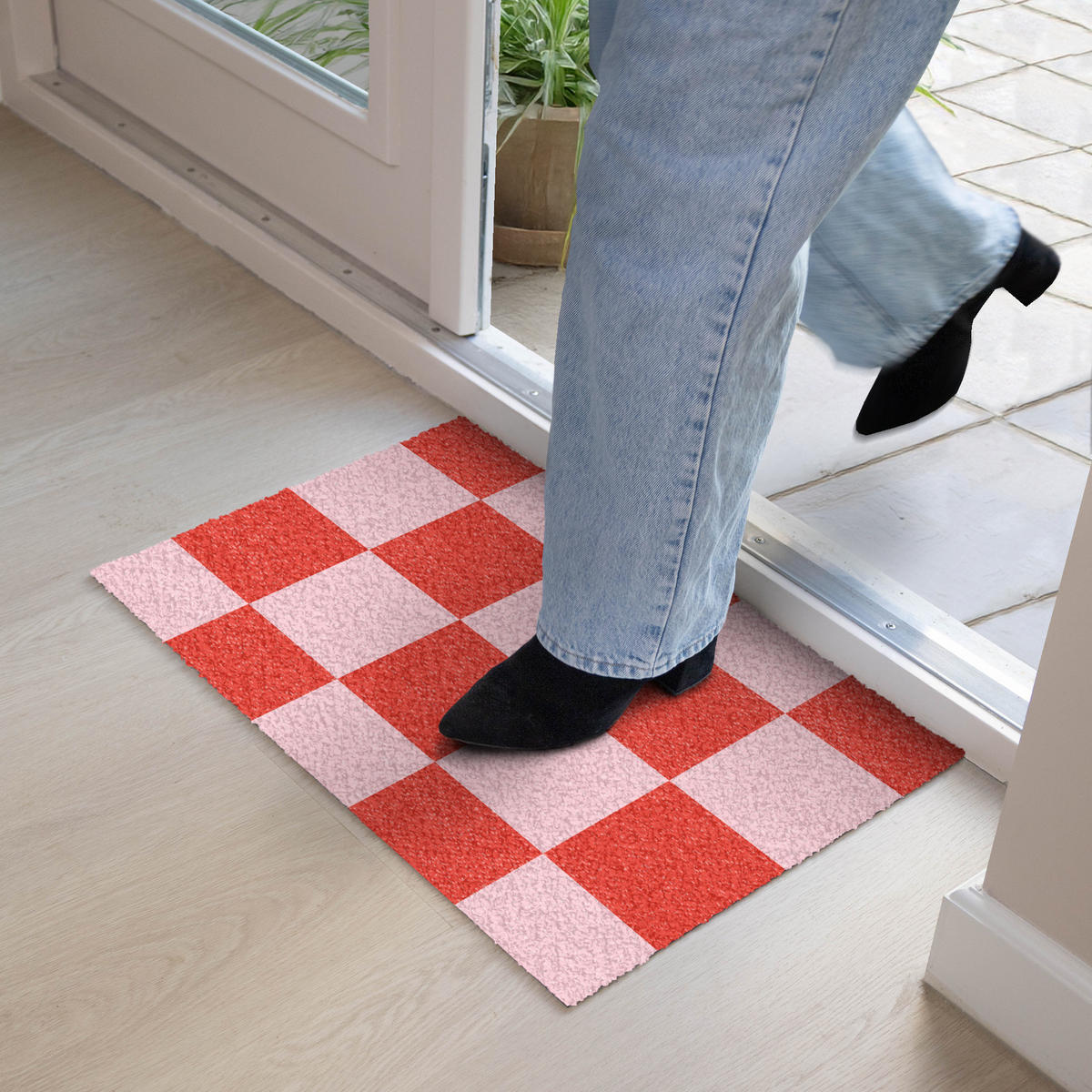 FUSSMATTE Schachbrettmuster - Rot - Rosa - Würfel 60x40 cm - Rot, Kunststoff (60/0.4cm) - MuchoWow