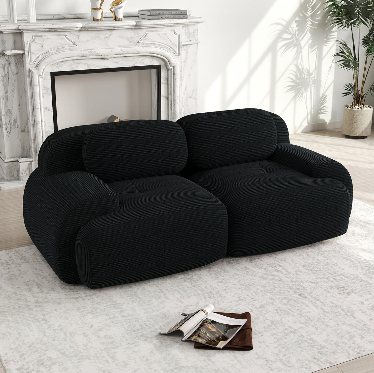 SOFA in Schwarz aus Cord mit geschwungenen Armlehnen und rutschfester Unterseite - Schwarz, Textil (103/70/208cm) - Flora Grace
