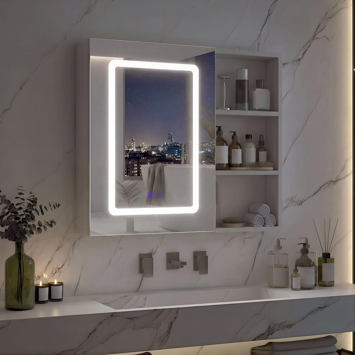 SPIEGELSCHRANK LED 1-türig mit Ablage Antibeschlag Badschrank modern weiß - Weiß, Glas (60.2/60.2/15.2cm)