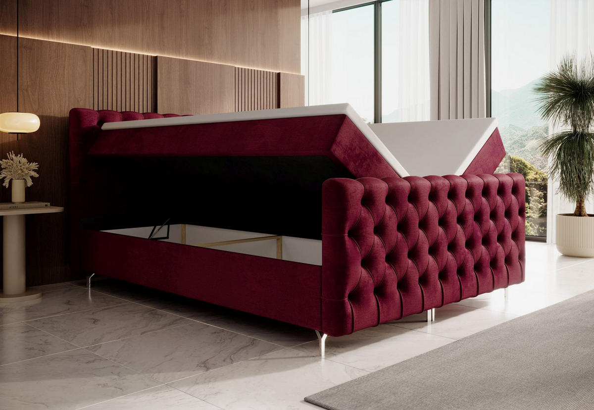 BOXBETT CHESTER 200x200, mit Matratze H3, Bonell und Topper, Monolith 59 - Rot, Holz/Textil (200/200cm) - Bedante