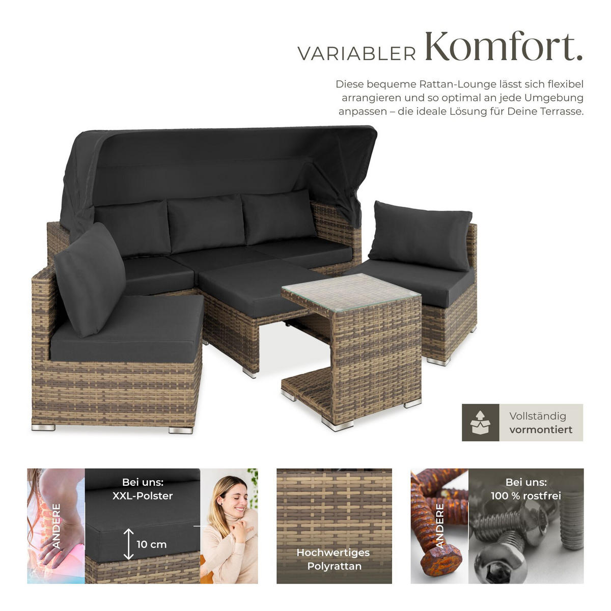 RATTANLOUNGE San Marino, mit Sicherheitsglasplatte, variabel aufstellbar, natur - Naturfarben, Kunststoff (68/131/199cm) - tectake