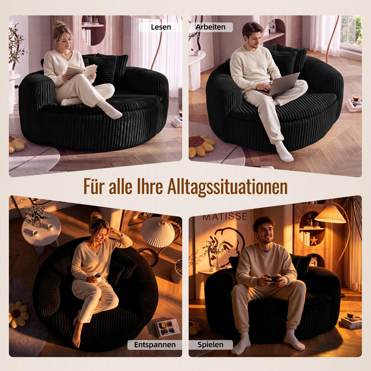 SITZSACK Cord Extrabreit mit 5 Kissen - Schwarz, Textil (145/59/133cm) - Urban Meuble