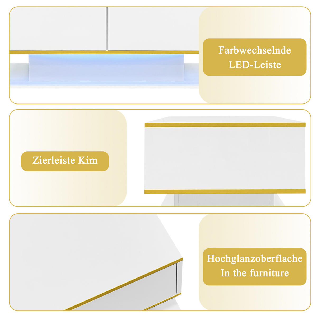 COUCHTISCH aus Spanplatte 100x50x40 cm Weiß-Gold mit LED-Beleuchtung, 3 Schubladen und offenem Fach - Weiß, Holzwerkstoff (100/50/40cm) - IVMEU