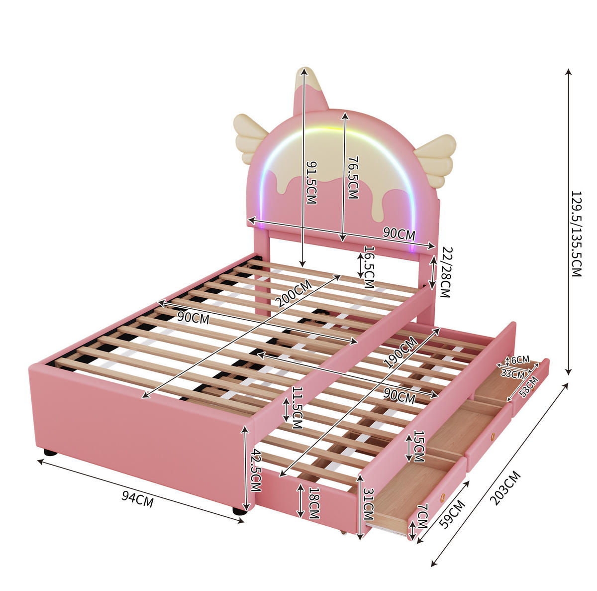 KINDERBETT 90/200 cm aus PU und MDF mit Einhorn-Kopfteil und ausziehbarem Rollbett Rosa - Rosa, Kunststoff (90/200cm) - Modenvie