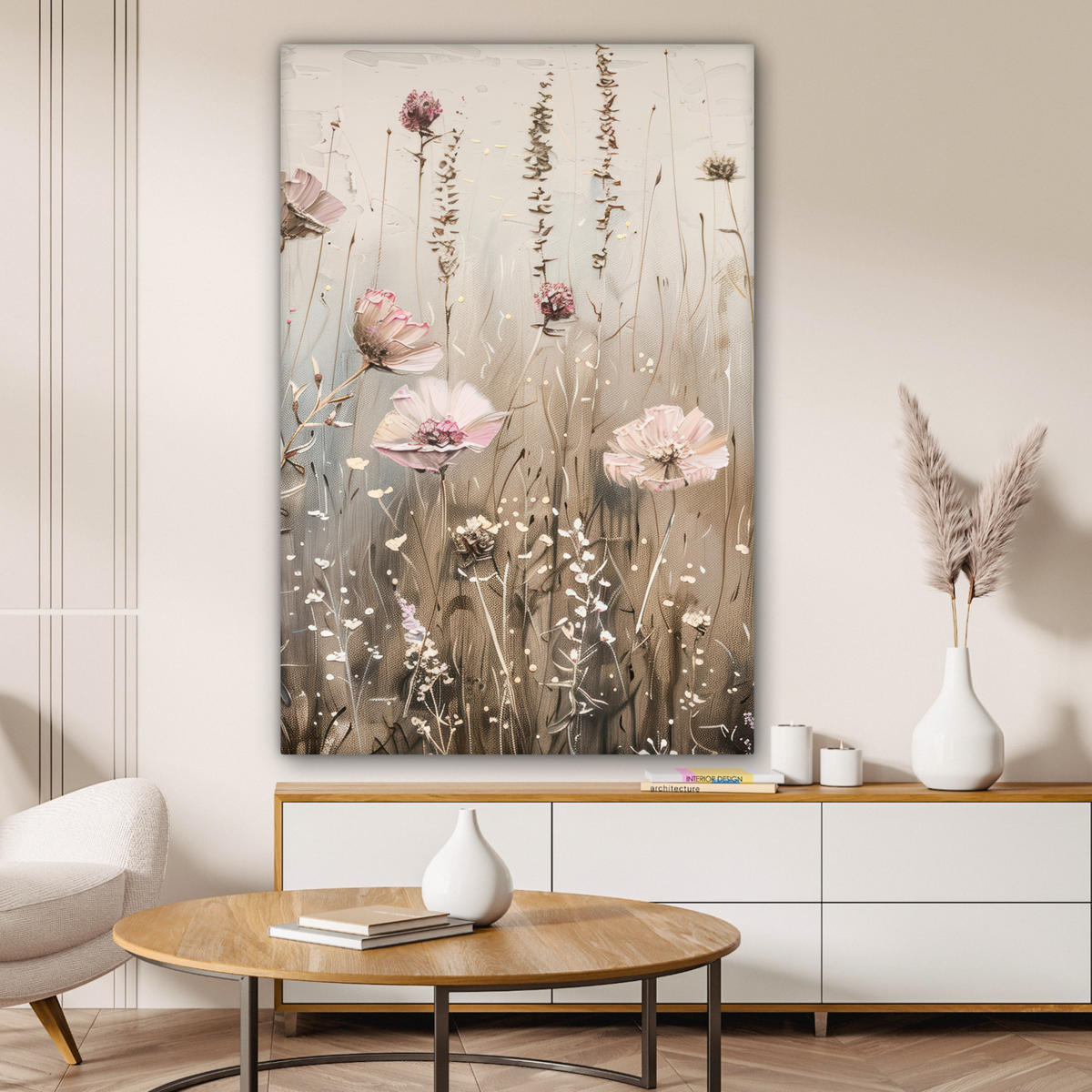 LEINWANDBILD Blumen - Rosa - Modern - Beige 80x120 cm - Beige, Textil (80/120cm) - MuchoWow