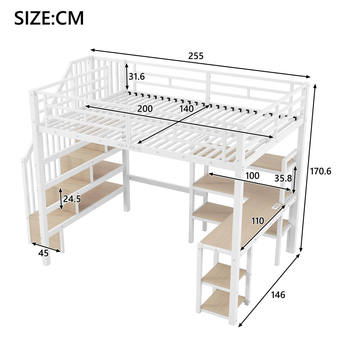 HOCHBETT 140/200 cm Weiß mit Schreibtisch und LED - Weiß, Metall (140/200cm) - MIVRAY