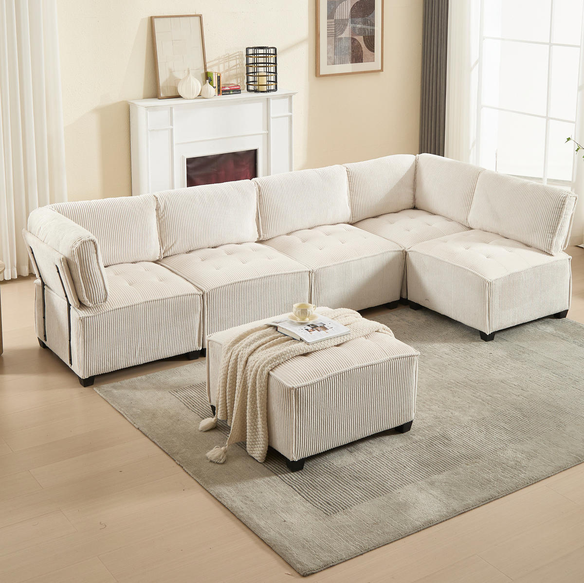 MODULARES 6-Sitzer Sofa Cord U-/L-Form und Eckschlafsofa Beige 308/154/82 cm - Beige, Textil (154/308cm) - Redom