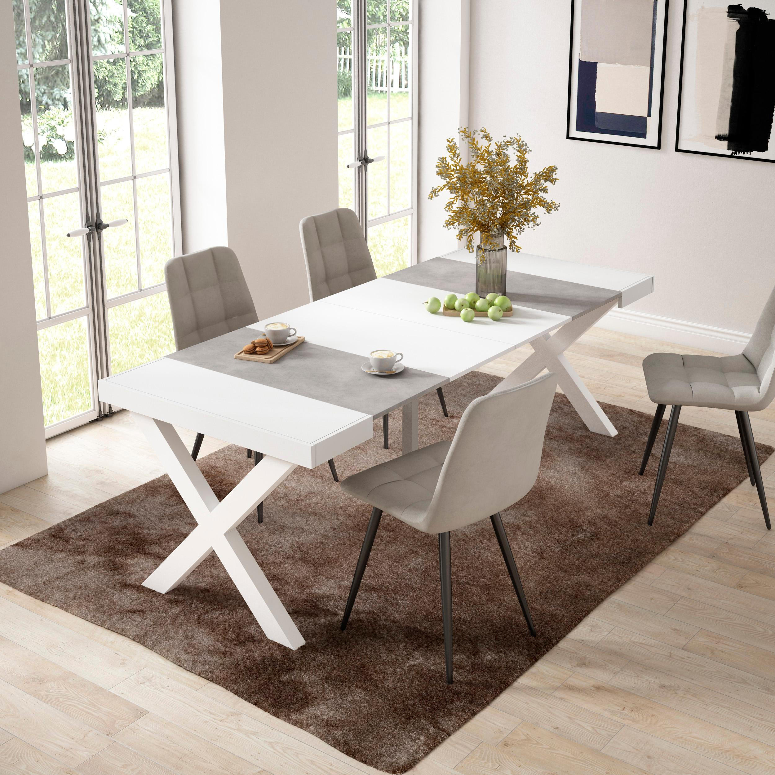 KONSOLENTISCH ausziehbar 58 bis 222cm, für 10 Gäste, weiß zementgrau, 90/58/73cm - Weiß/Grau, Holzwerkstoff (90/222/73cm) - Skraut Home