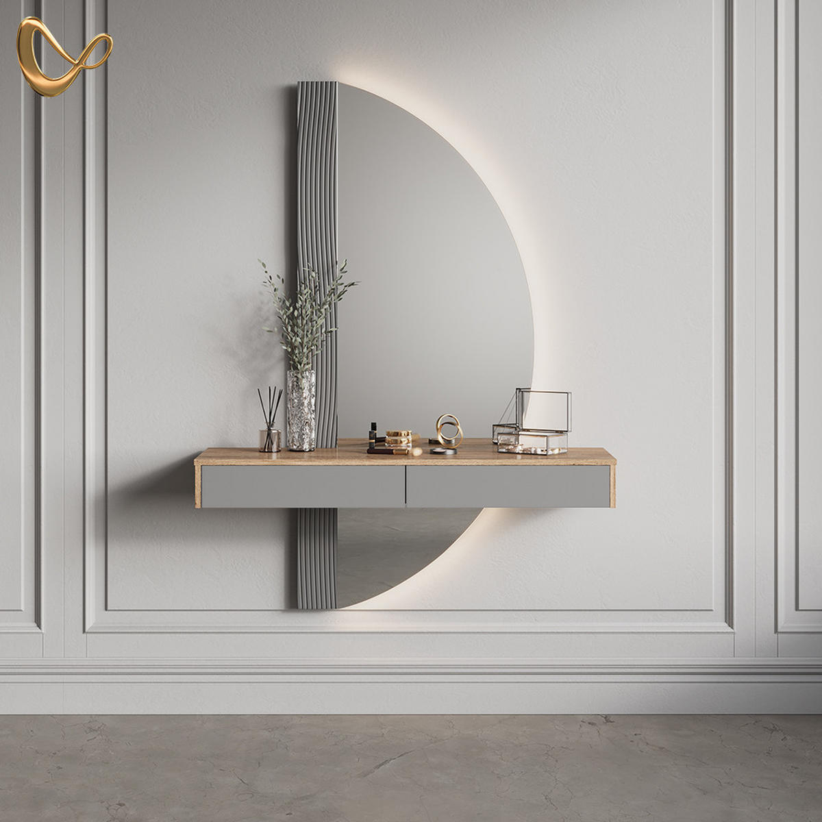 SCHMINKTISCH Ascona Grau 120 cm mit 2 Schubladen - Eichefarben/Grau, Holzwerkstoff (120/161.1/40cm) - Livinity®