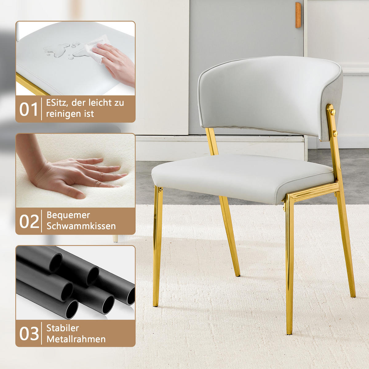 STUHL-SET DE-36685 2 Stück mit Kunstlederbezug und Metallgestell Hellgrau - Hellgrau, Metall (49/78/51cm) - ComfortXL