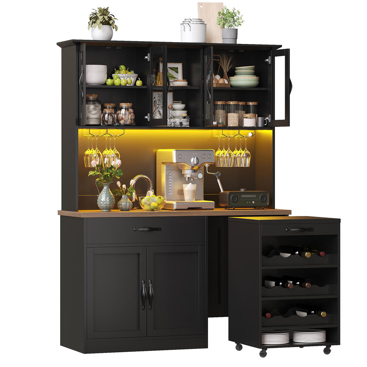 BUFFETSCHRANK Rollwagen Schwarz 140/38/180 cm - Schwarz, Holz (140/180/38cm) - PANGIVO