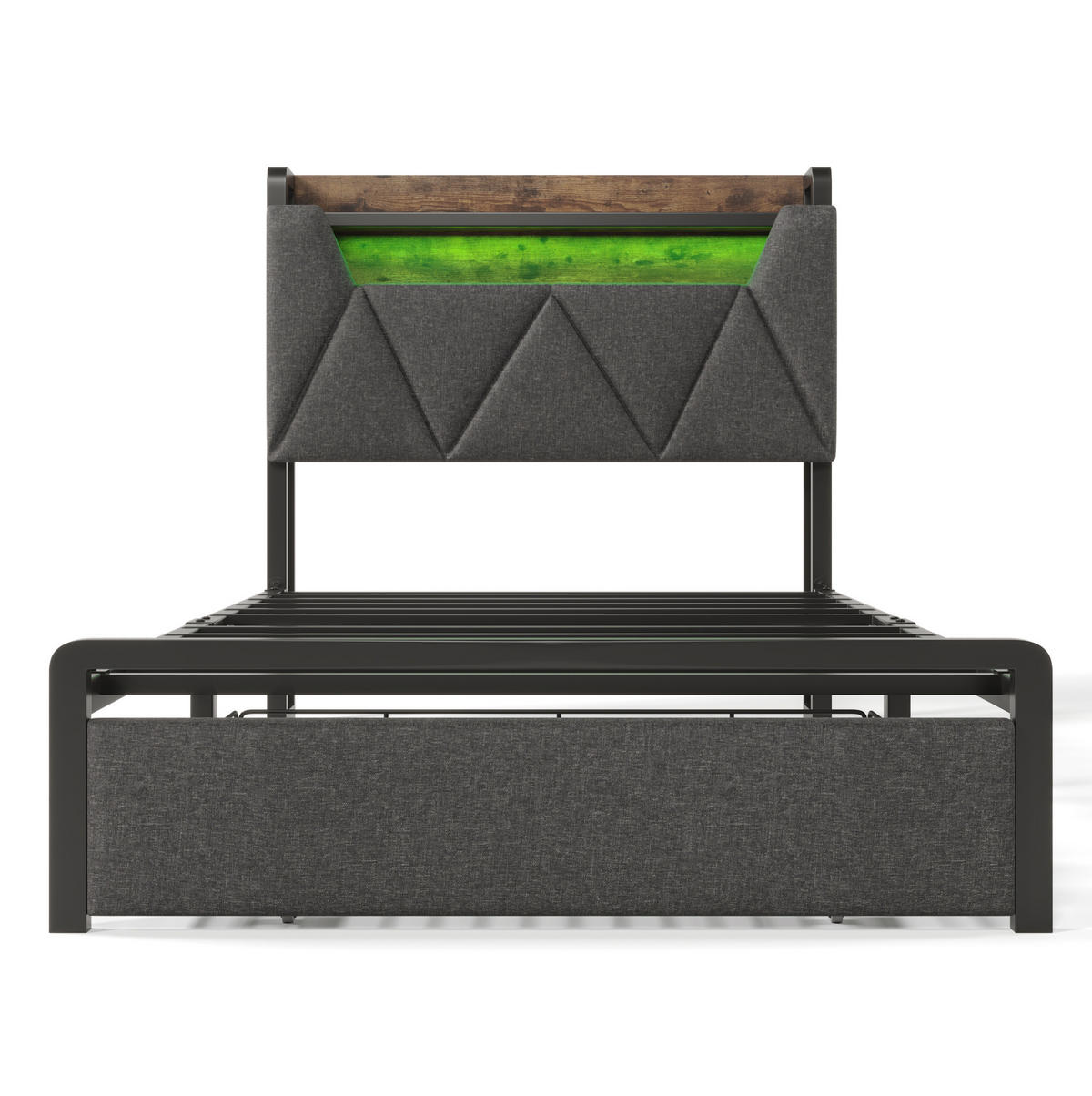 BETT 90/200 cm in Grau mit Stauraum-Kopfteil, LED, USB-C und inkl. Matratze - Grau, Textil (90/200cm) - BEAOK