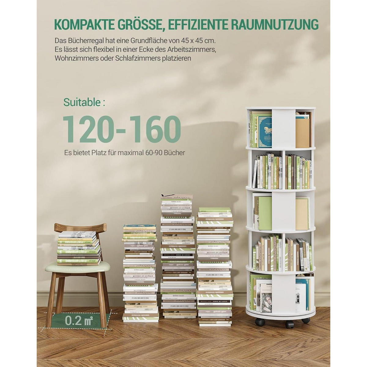 DREHBARES Bücherregal 5 Ebenen mit Rollen 45 x 45 x 161,5 cm Weiß - Weiß, Holzwerkstoff (45/161.5/45cm)