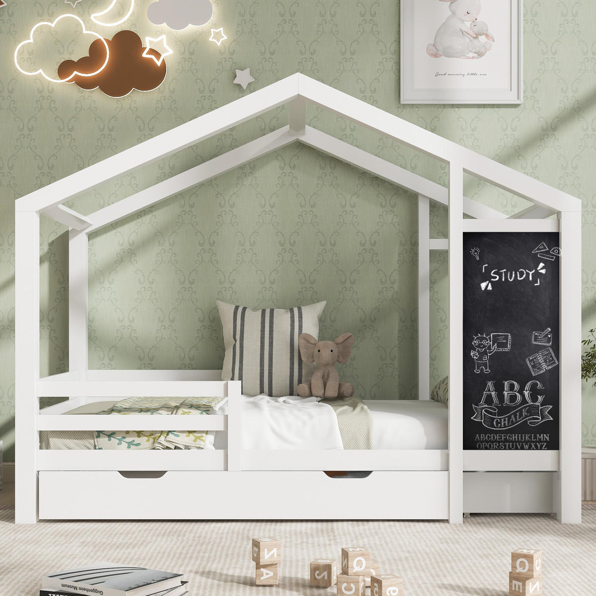 HAUSBETT Weiß - Weiß, Holz (208/177/96cm) - Urban Meuble
