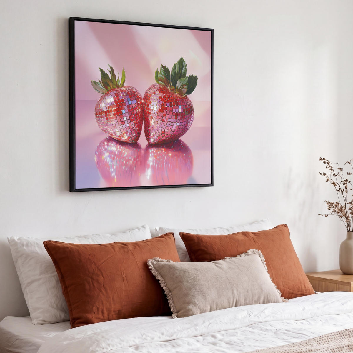 LEINWAND Bilder mit Rahmen - Disco - Obst - Glitzer - Erdbeere - 50x50 - Pink, Textil (50/50cm) - MuchoWow