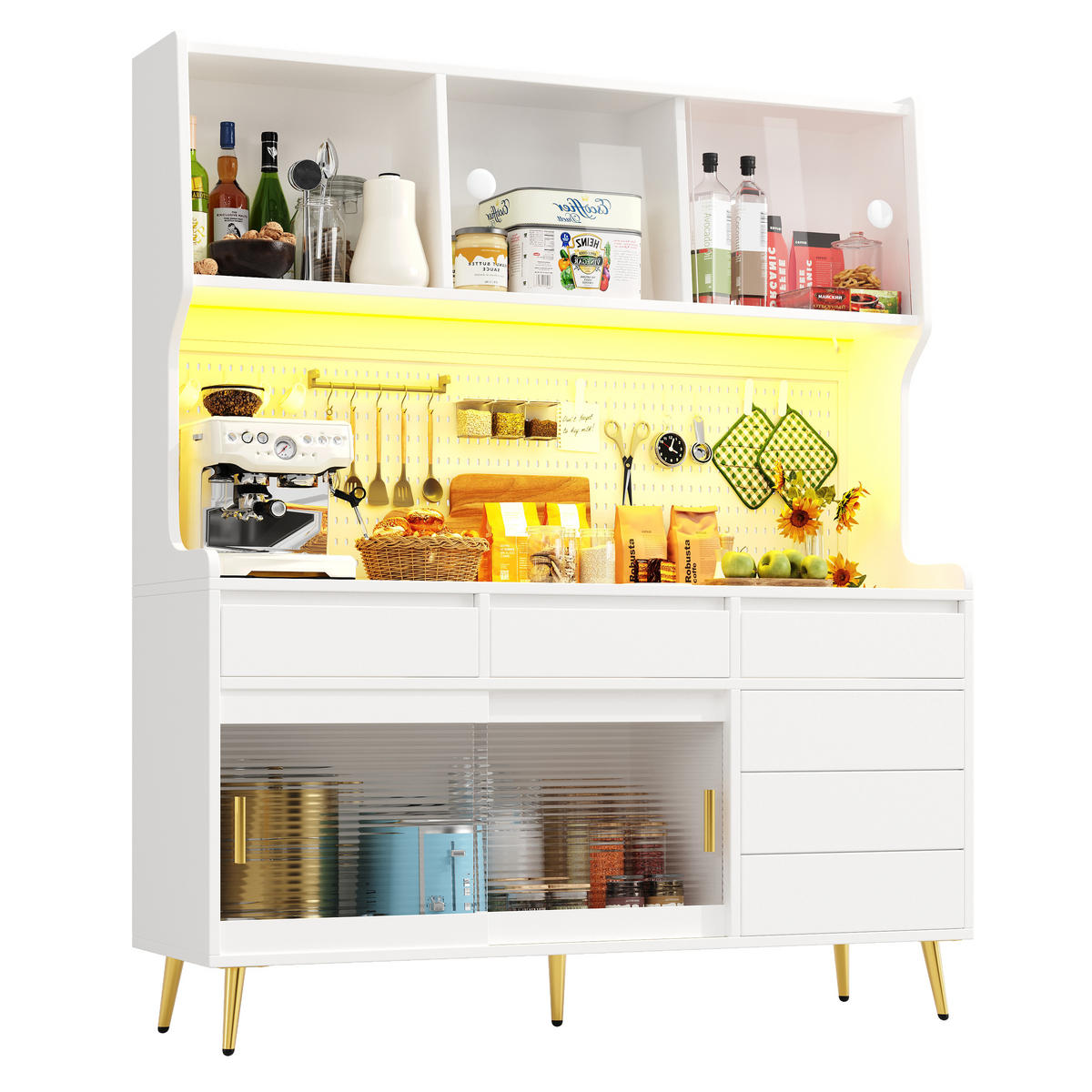GESCHIRRSCHRANK aus MDF & Glas 145x39x171cm in Weiß mit LED - Weiß, Holzwerkstoff (145/171/39cm) - Modfu