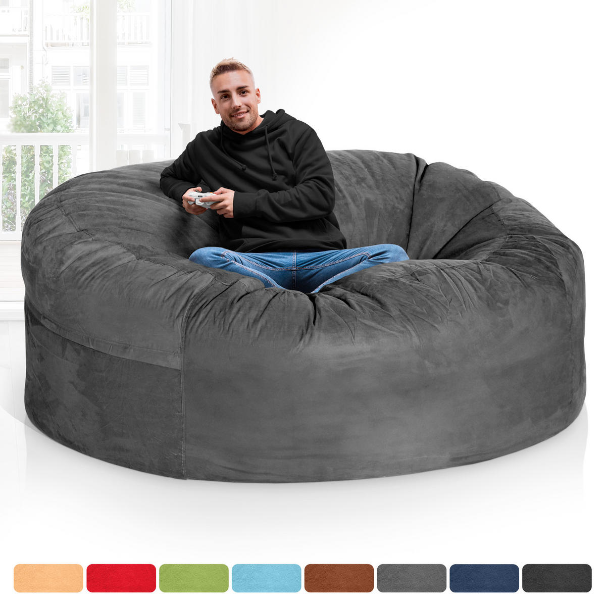 RIESEN-SITZSACK XXL JUMBO Velours 6ft - Dunkelgrau, Textil (180/120/180cm) - Green Bean