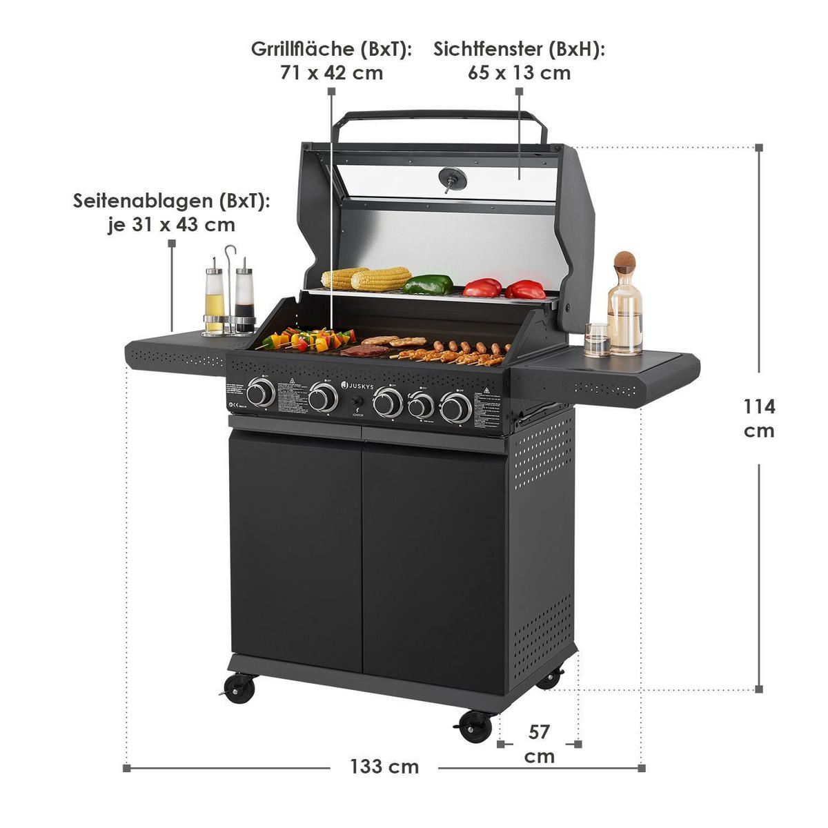 GASGRILL Savannah schwarz 4+1 - Schwarz, Metall (133/114/57cm) - Juskys