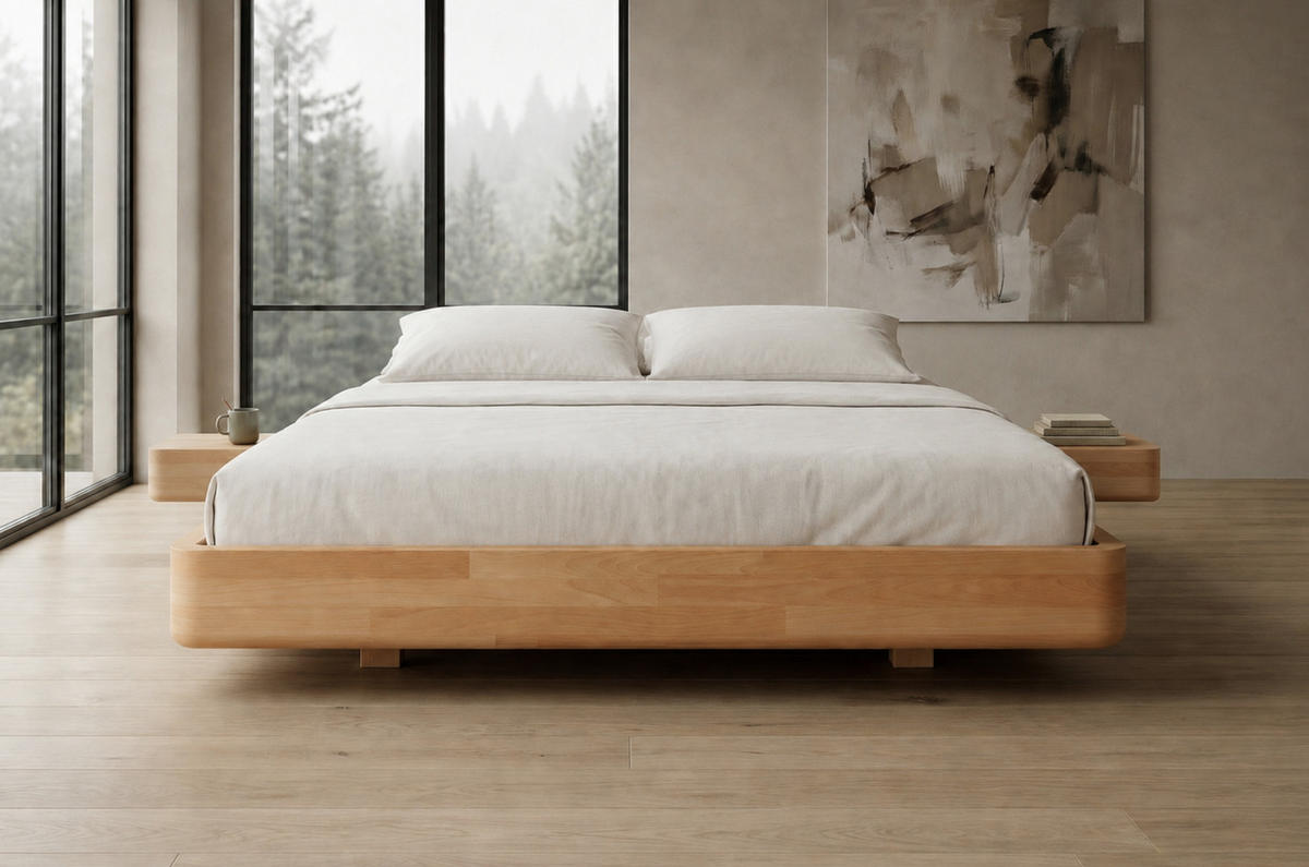 MASSIVHOLZBETT Lena Flat mit 2 Nachttischen, 180/200, Buche - lackiert, Naturfarben - Buchefarben, Holz/Buchenholz (180/200cm) - Visby