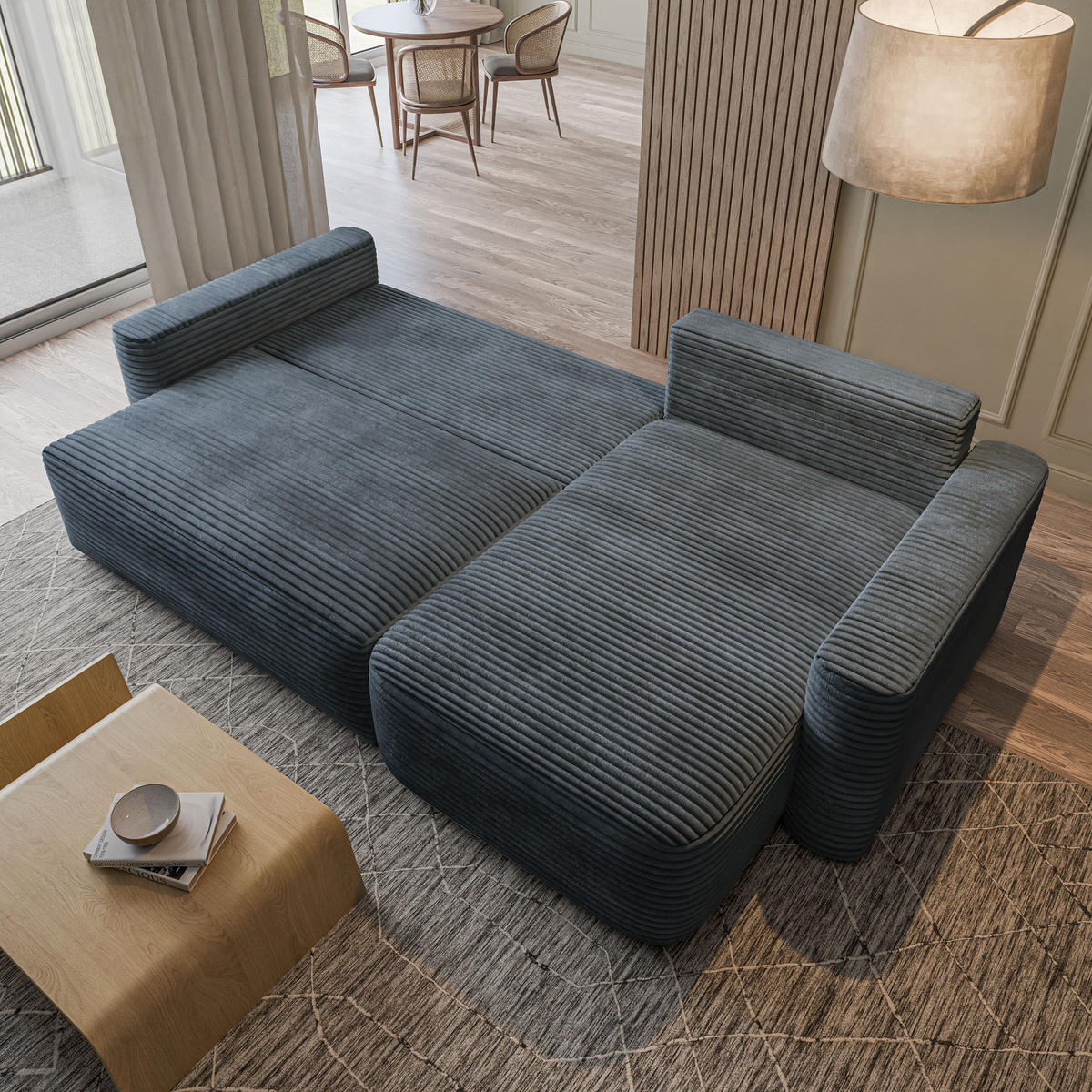 ECKSOFA NERI T Grau Kordstoff mit Schlaffunktion - Grau, Holzwerkstoff/Textil (280/157cm) - MASSENO