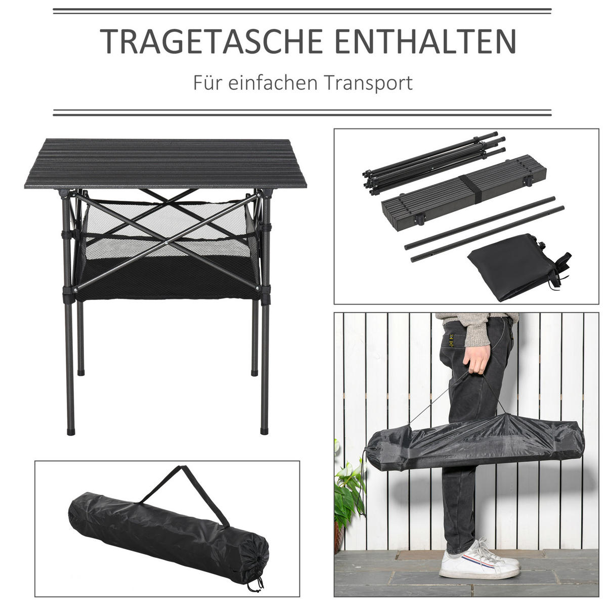 KEMPINGOVÝ stôl 70/70/69 cm sivý skladací z hliníka s úložnou sieťkou - sivá, kov (70/69/70cm) - OKWISH
