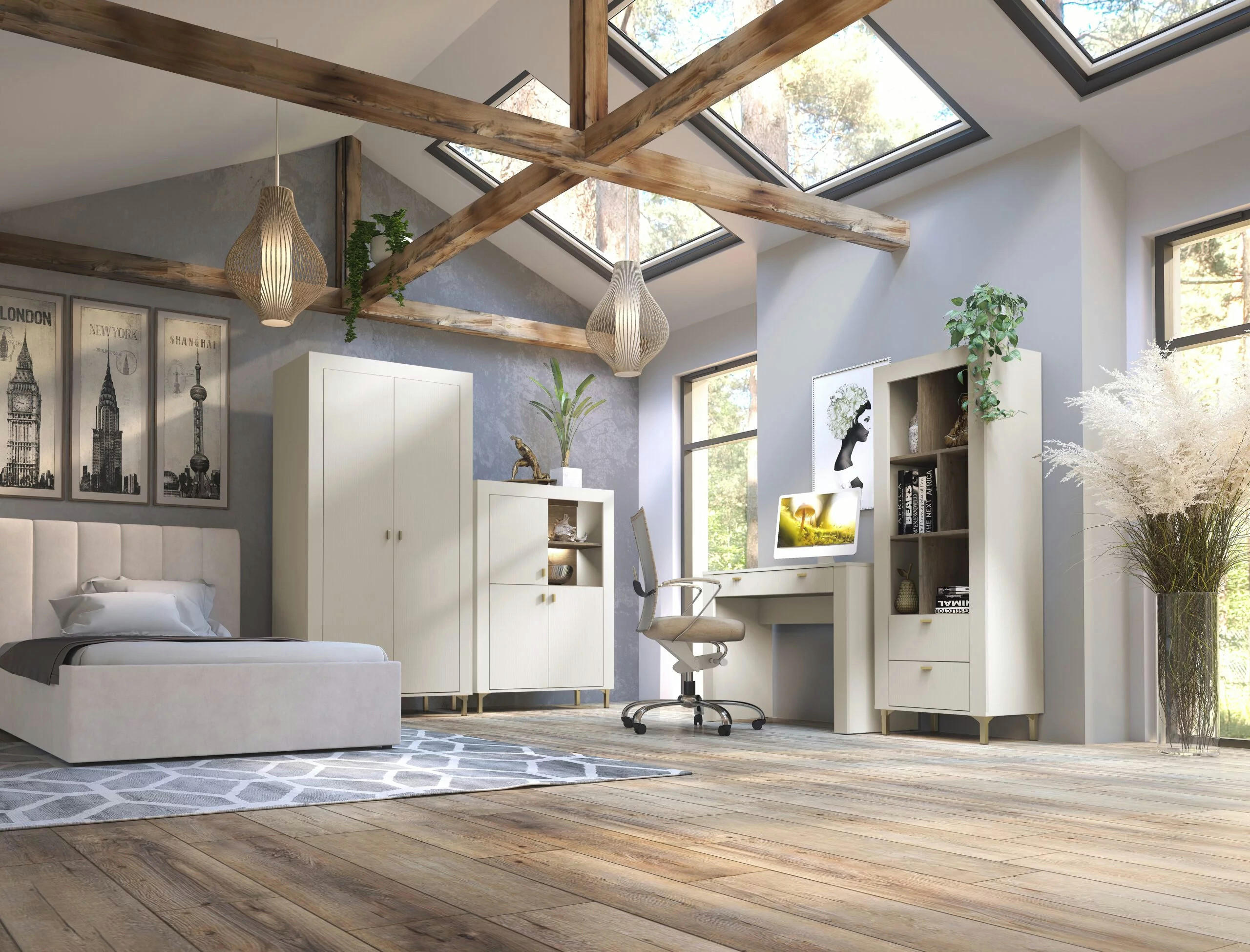 JUGENDZIMMER Mossa in Kashmir & Eiche Whisky 5 teilig mit Polsterbett 140er Breite, Kleiderschrank Schreibtisch Highboard und Regal - Beige, Holzwerkstoff (80/200/120cm)