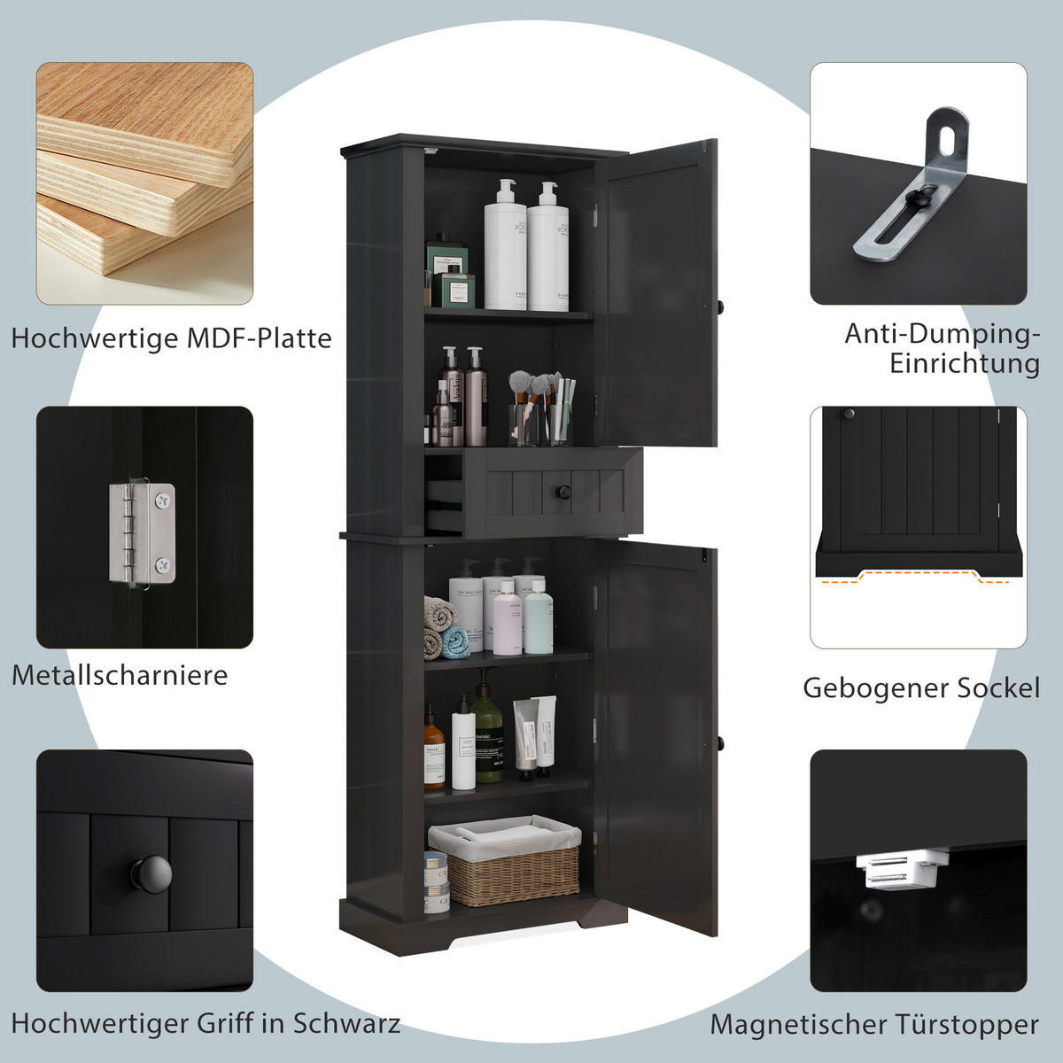 HOCHSCHRANK 56/28/167.3 cm Schwarz mit 2 Schranktüren und 1 Schubladen - Schwarz, Holz/Holzwerkstoff (28/167.3/56cm) - Oxeza