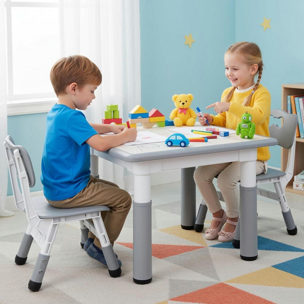 KINDERTISCH mit 2 Stühlen Set höhenverstellbar Grau - Multicolor, Kunststoff (60/60/60cm)