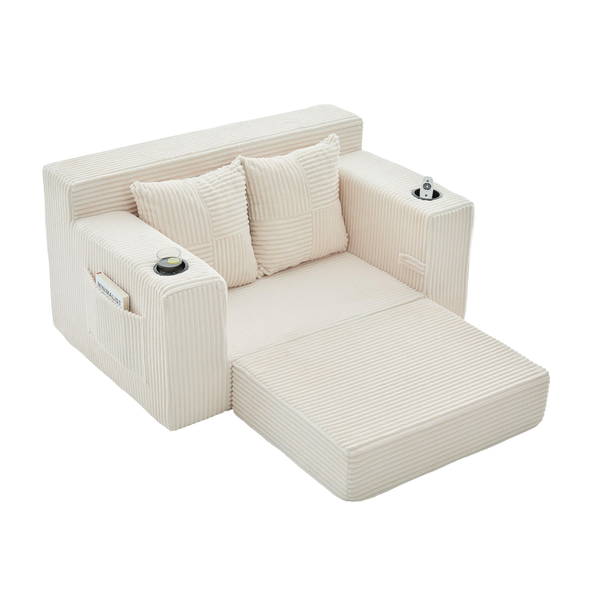 1,5-SITZER ausklappbar, Getränkehalter/Seitentasche, Cord, Beige - Beige, Textil (133/64/87cm) - LVHOM