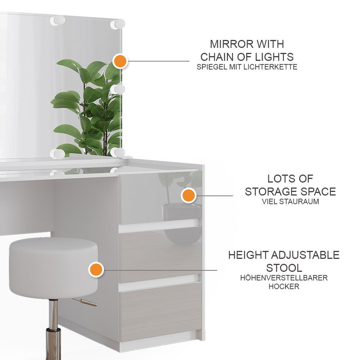 SCHMINKTISCH Marla Weiß Hochglanz 120 cm mit Spiegel, Hocker, LED-Lichterkette - Weiß Hochglanz, Holzwerkstoff (120/78.6/60cm) - Vicco