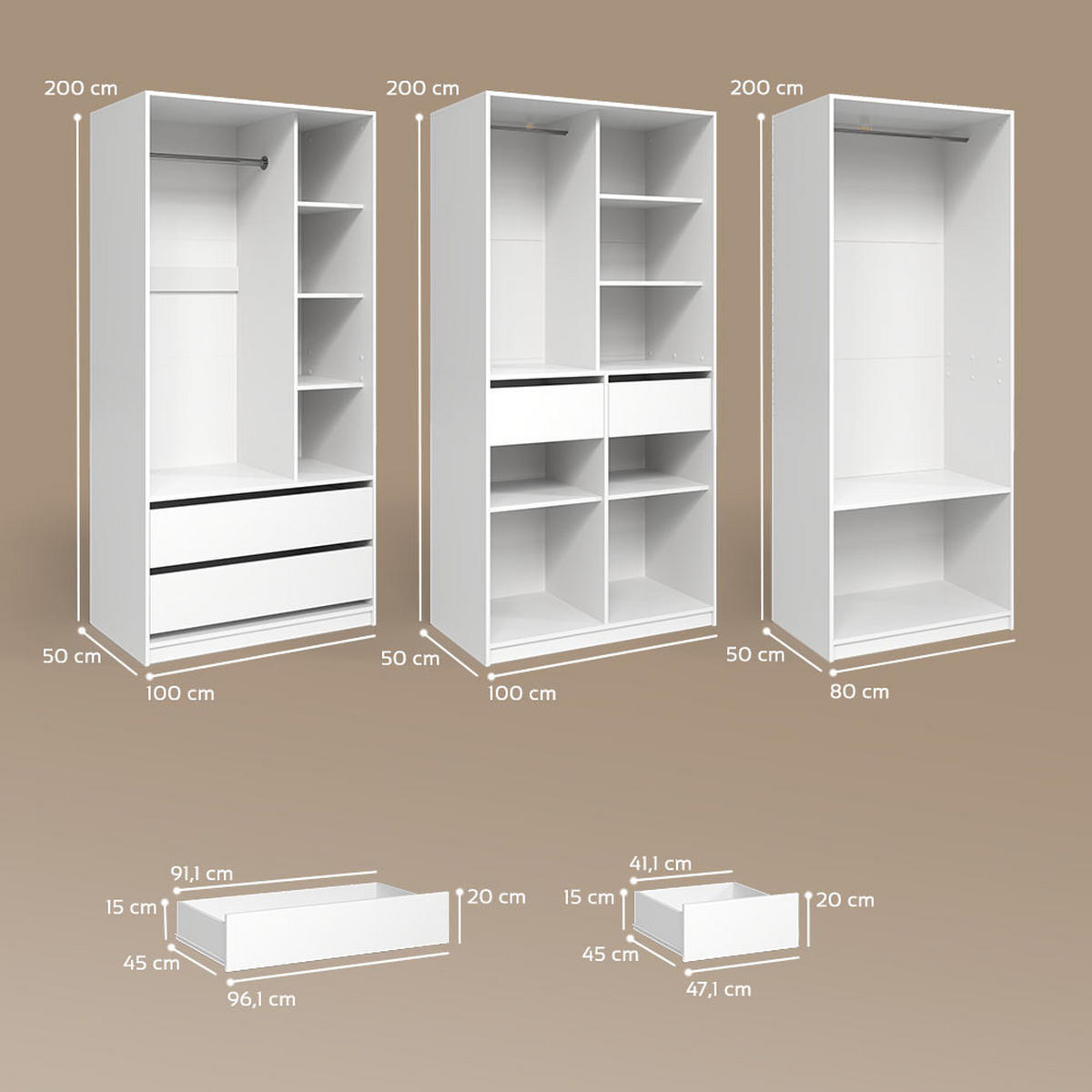 GARDEROBA Trento Bela Komplet 3 kosov - bela, leseni material (100/200/50cm) - Livinity®