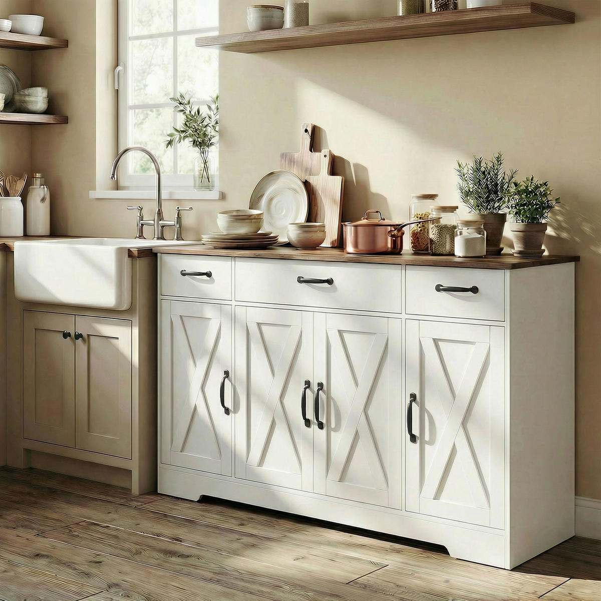 SIDEBOARD DE-11298 Landhausstil, 4 Scheunentüren Weiß - Weiß, Holzwerkstoff (140/81/40cm) - ComfortXL