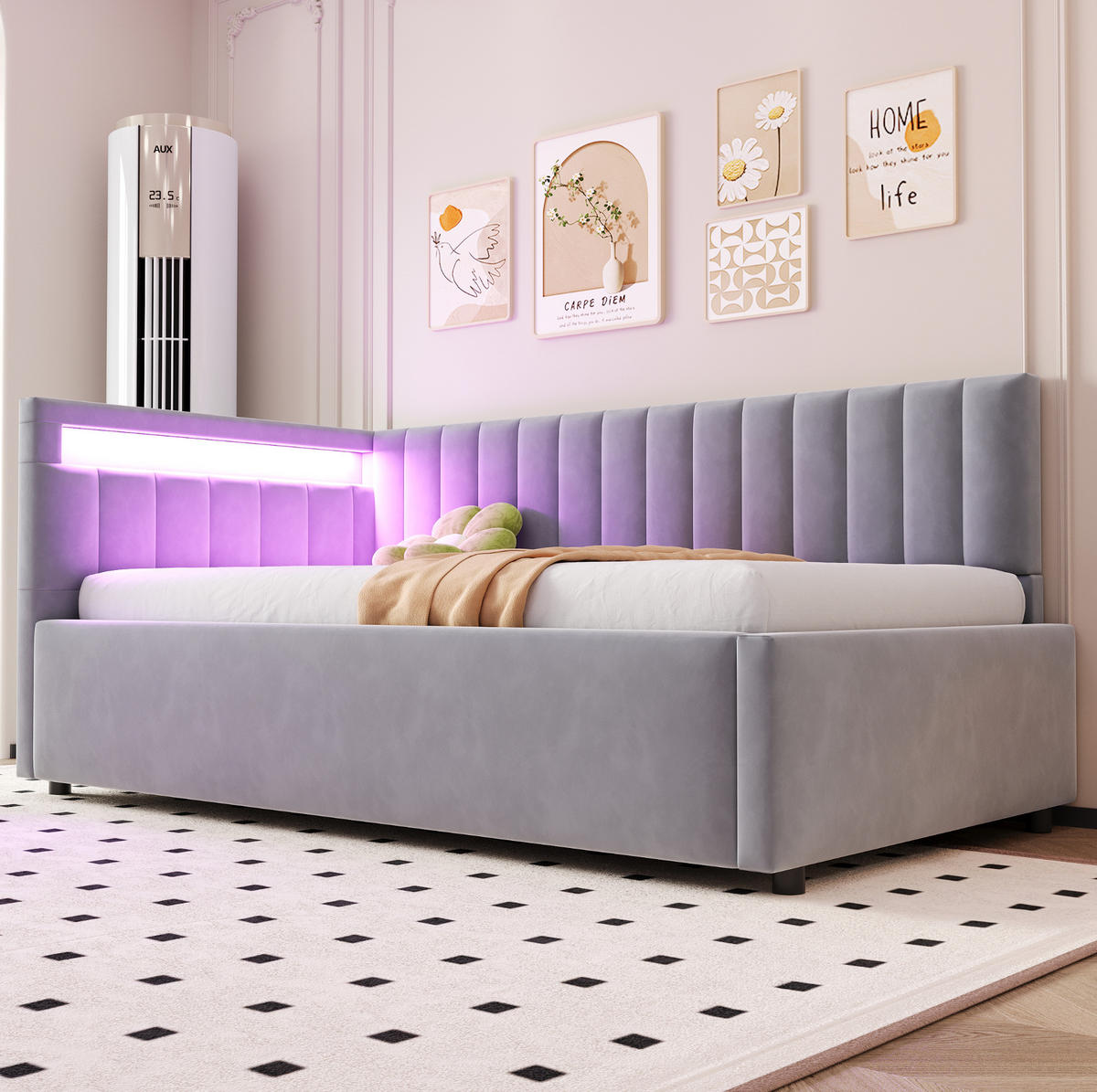 POLSTERBETT-SCHLAFSOFA 90x200 cm in Grau mit LED-Beleuchtung und hydraulischem Stauraum - Hellgrau, Textil (90/200cm) - IVMEU