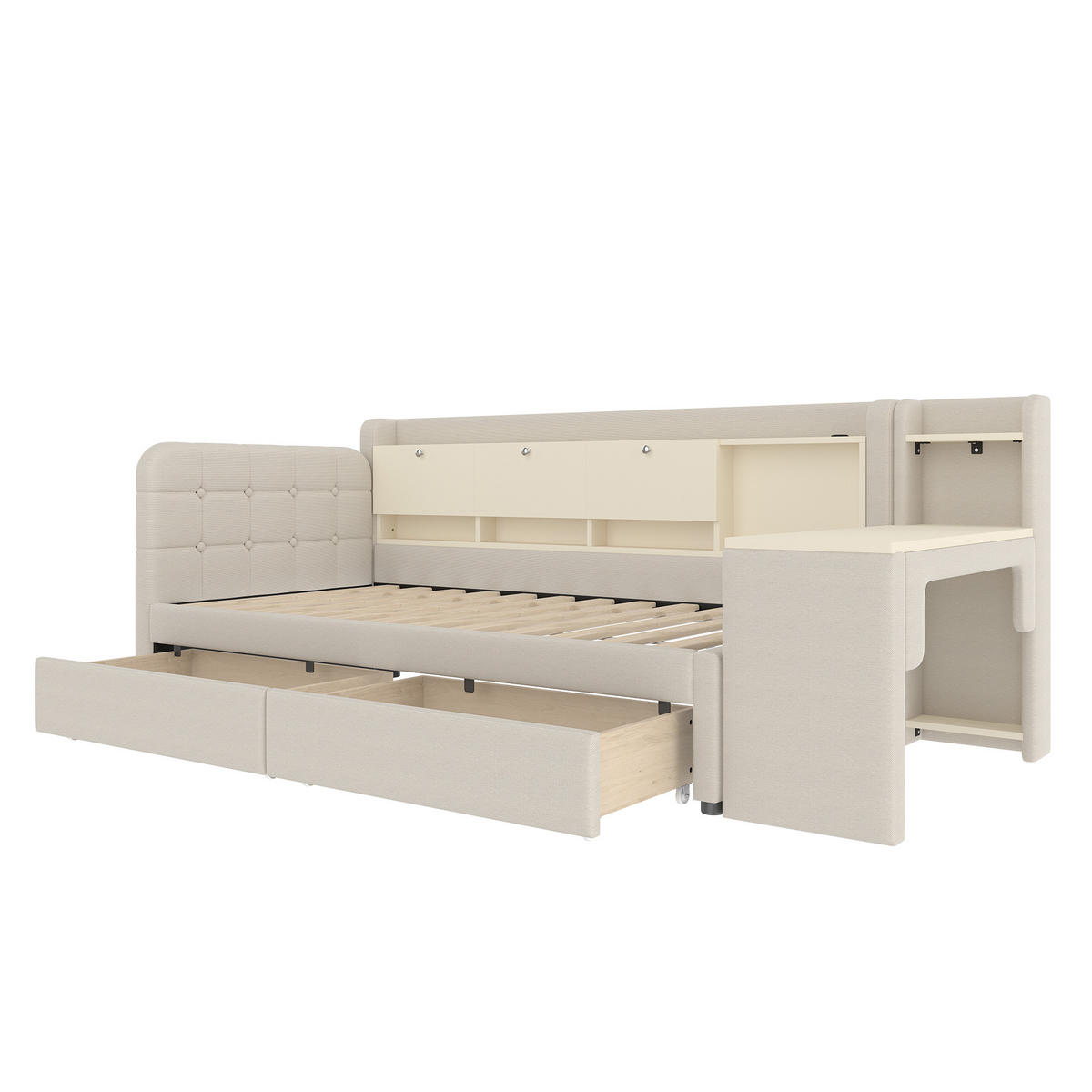 SCHLAFSOFA 90/200 cm in Beige Leinen mit 2 Schubladen, Schreibtisch, USB und Type-C - Beige, Holzwerkstoff/Textil (90/200cm) - CHICFURN