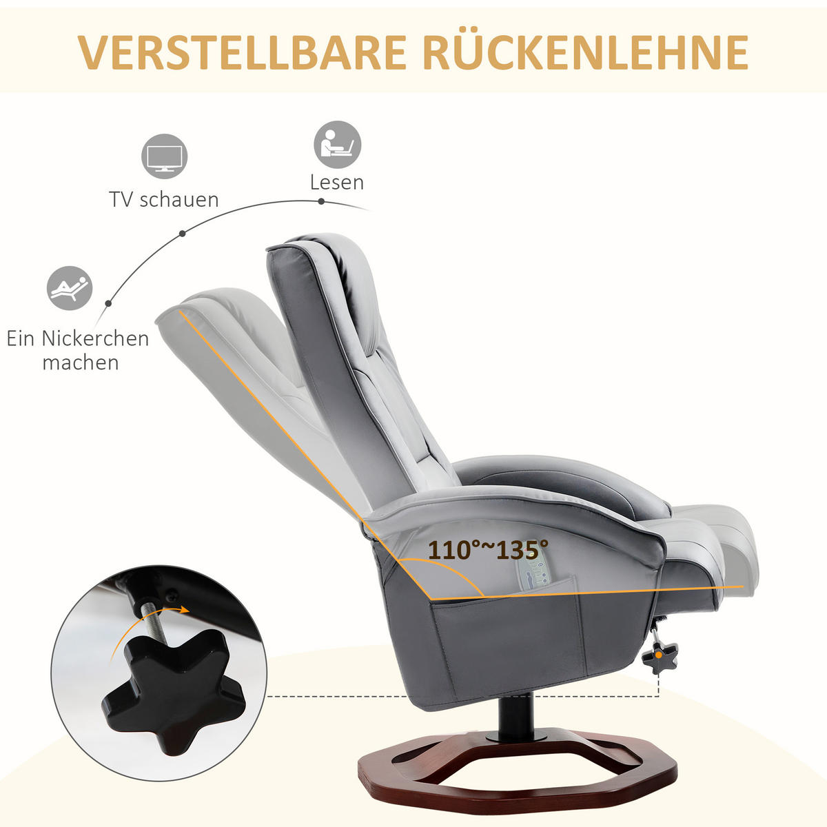 MASSAGESESSEL mit Hocker, Liegefunktion, Fernbedienung, bis 150 kg, Dunkelgrau - Dunkelgrau, Leder (83/106/73cm) - HOMCOM