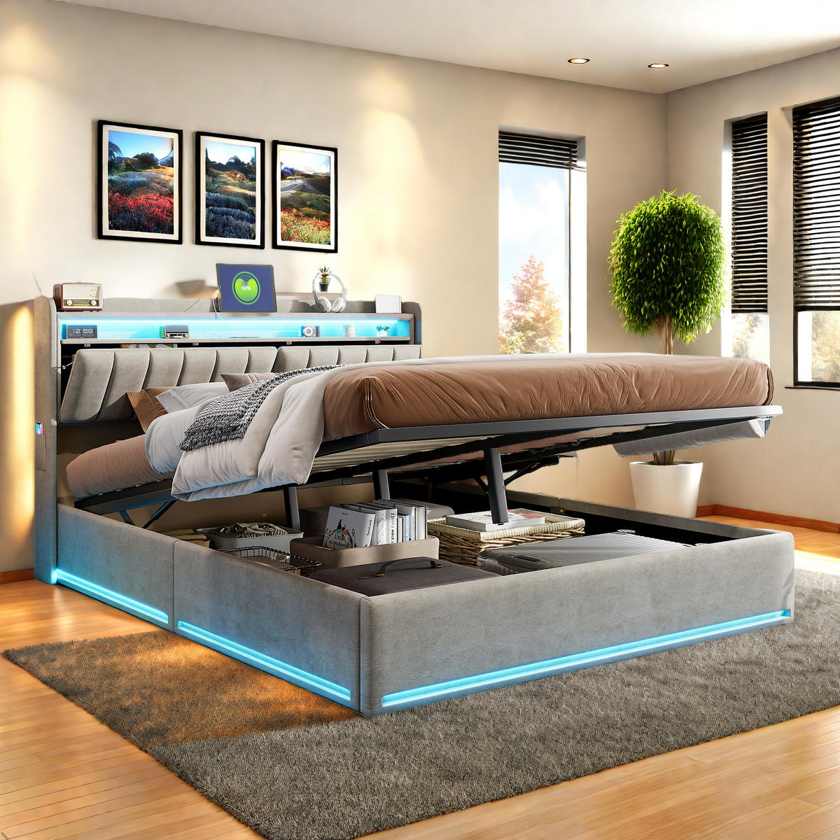 POLSTERBETT 140x200 cm Grau Samt LED Stauraum - Grau, Metall (140/200cm) - SHOPENTRA
