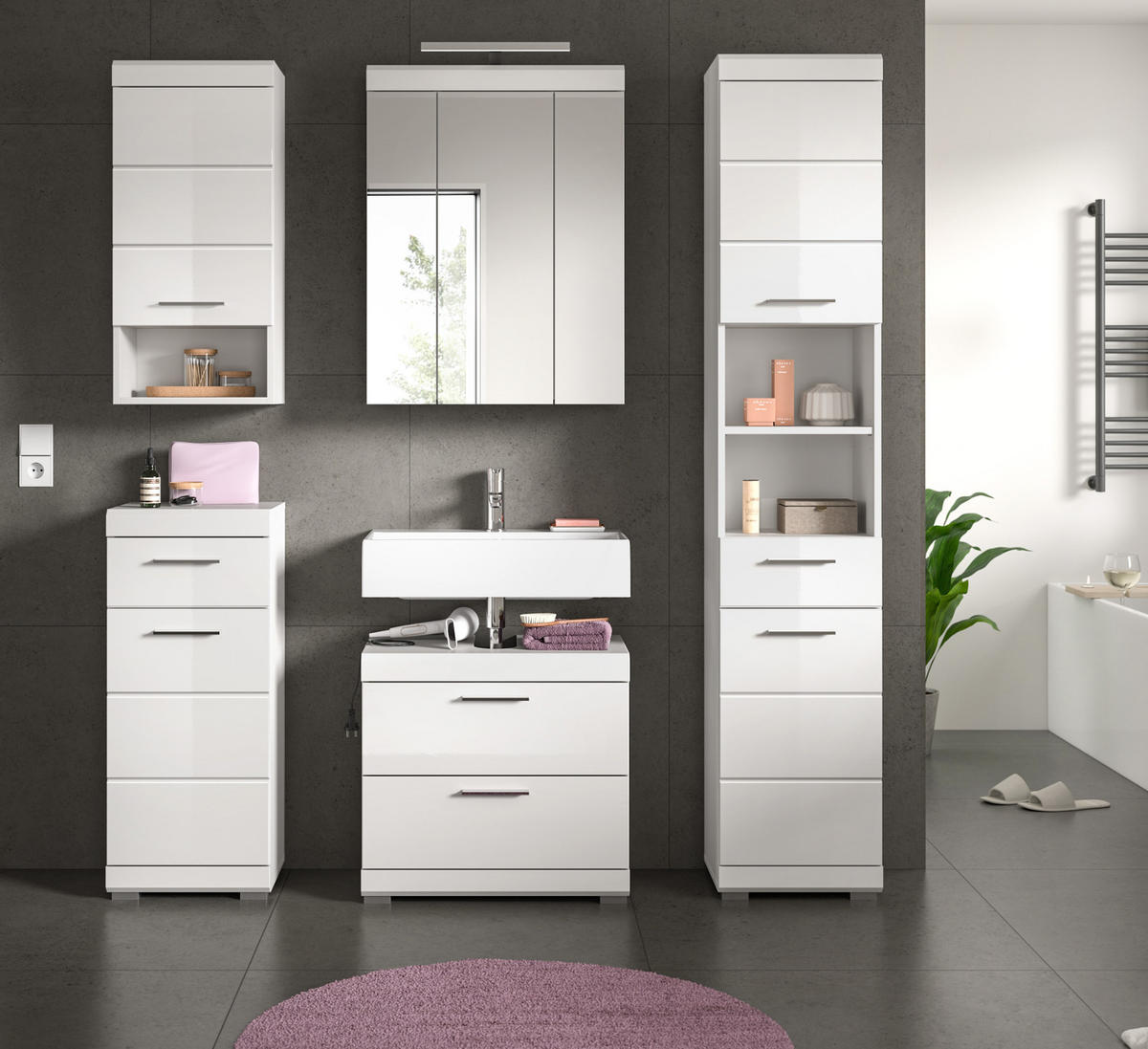 BADMÖBEL-SET weiß Hochglanz 5-teilig 164 cm, Komplettset mit viel Stauraum - Weiß Hochglanz, Glas/Holzwerkstoff (164/191/37cm) - Inn.Furn